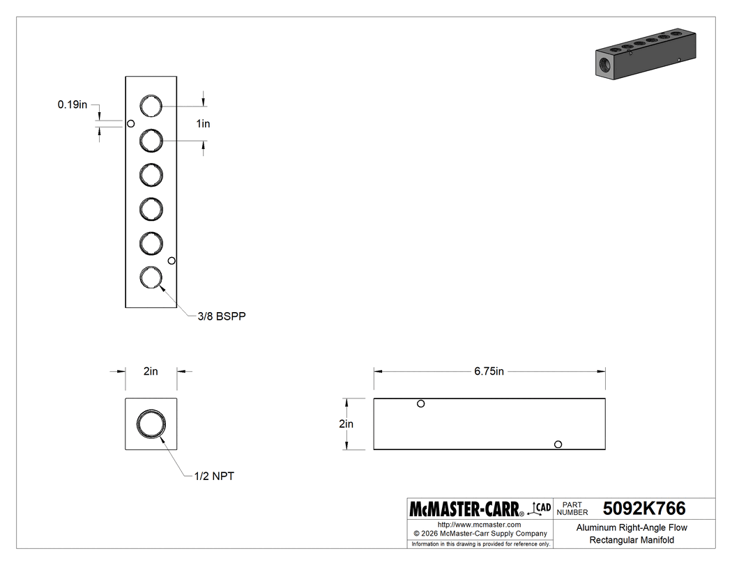 Technical Drawing of Aluminum Right-Angle Flow Rectangular Manifold, 6 Outlets on One Side, 1/2 NPT x 3/8 BSPP.